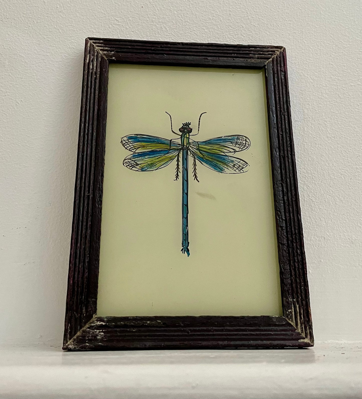 Small Dragonfly Glass Art - Contemporary with Vintage Frame