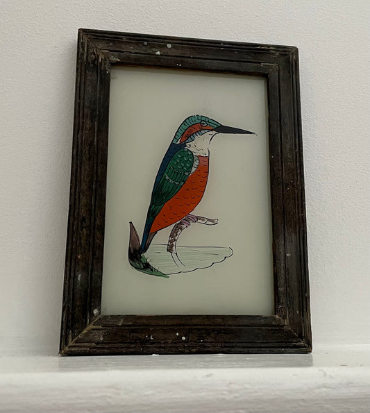 Small Kingfisher Glass Art - Contemporary with Vintage Frame